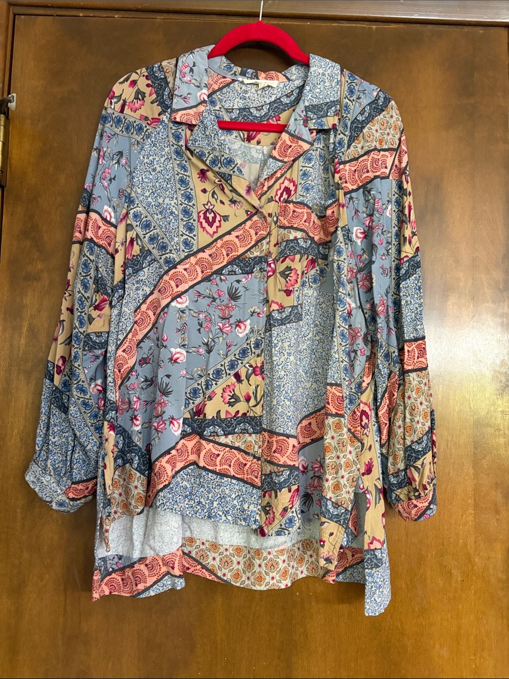 Christian Siriano Blue Multi Patchwork Button-Down Shirt Medium